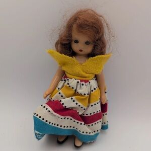 Nancy Ann Storybook Doll Redhead 7″ – Polka Dot Stripe Dress, Yellow Felt Shawl